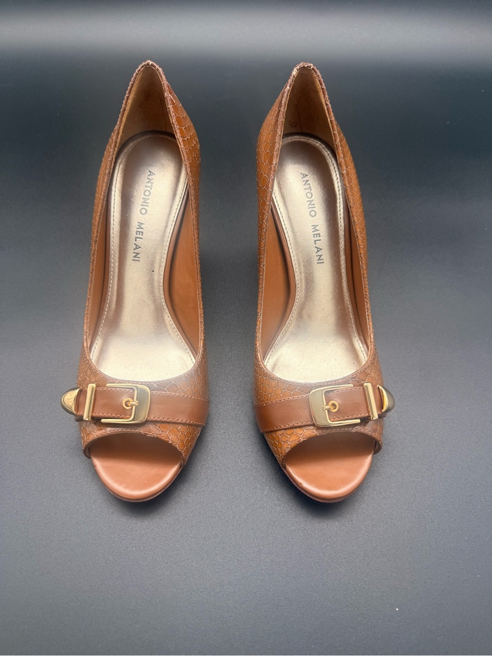 ANTONIO MELANI Tan Leather Peep-Toe Pumps with Gold Buckle